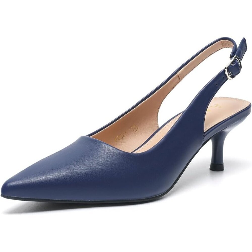🆕Women Navy PU Low Kitten Heel Slingback Pump Sandals Pointed Toe Heels